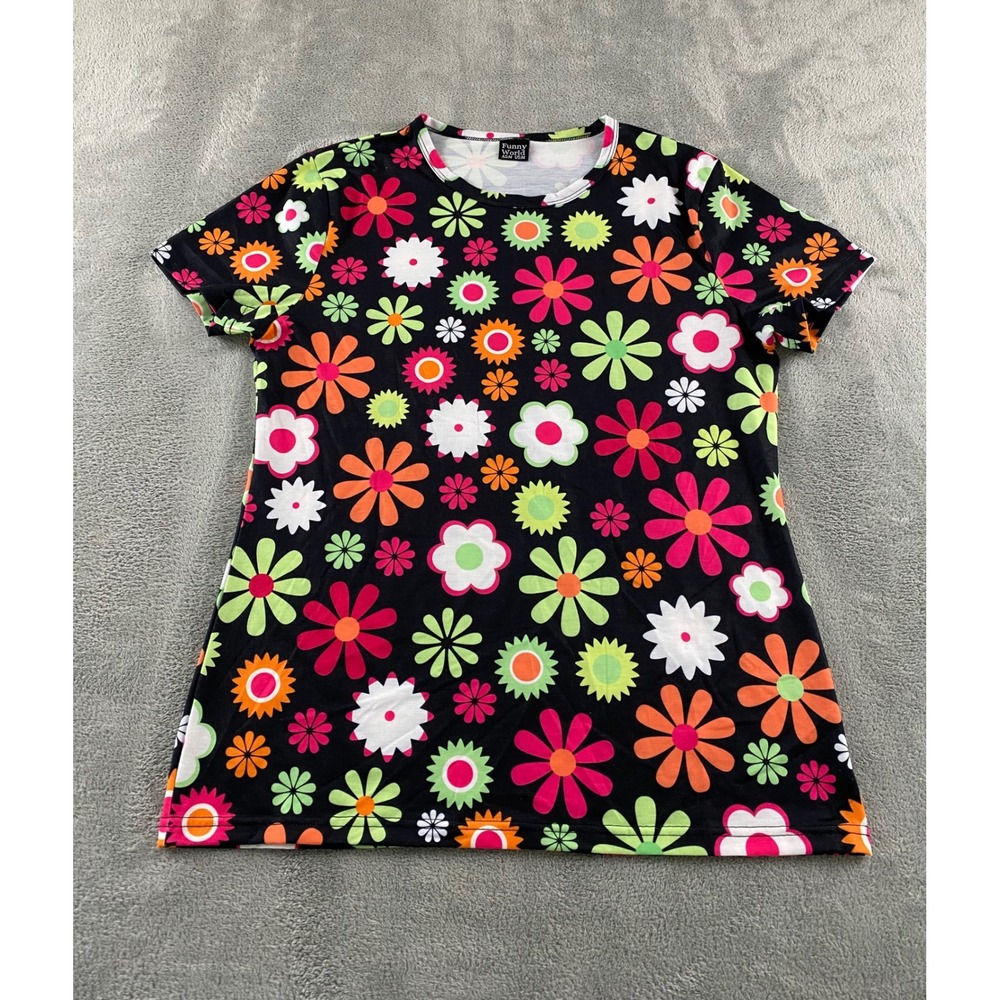 Funny World Womens Floral Daisy‎ Print Short Sleeve Crewneck Tee Black Medium